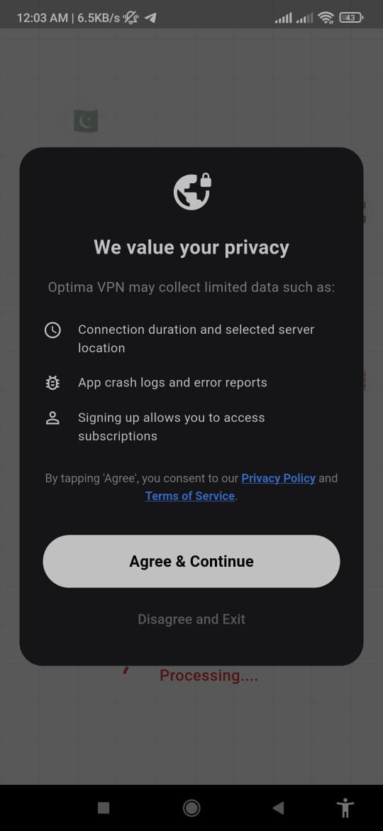 OptimaVPN App Interface Screen 1